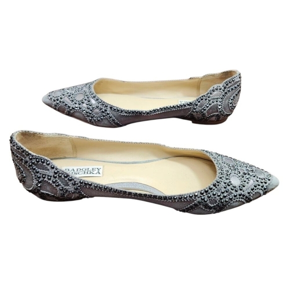 Badgley Mischka Gunmetal Gigi Crystal Platinum Pointed Toe Ballet Flats Shoes 9 - Picture 11 of 15